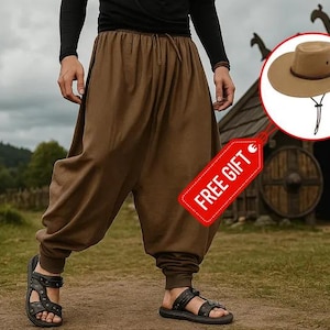 Renaissance gotische kostuumbroek, middeleeuwse haremfestivalbroek heren, gratis bonuspakket cowboyhoed, Viking Pirate Fantasy Steampunk-broek