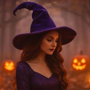 Può includere: Un cappello da strega a punta di colore viola intenso con tesa larga, indossato da una persona con lunghi capelli castani ondulati. Il cappello presenta una finitura in tessuto morbido e strutturato con una punta curva, creando una silhouette classica.