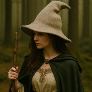 May include: A beige pointed hat with a wide brim, a dark green hooded cloak fastened with a circular metal brooch, and a light-colored tunic featuring embroidered details. A wooden staff is held in the hand, completing the ensemble.