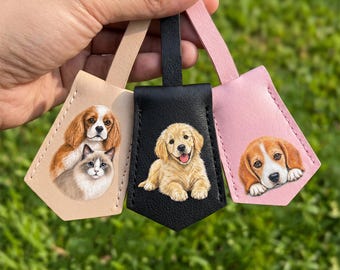 Custom Hand Painted Pet Portrait Leather Purse Charm, Leather Purse Charm, Pet Memorial Gift, Pet Loss Leather Keychain for Pet Lover