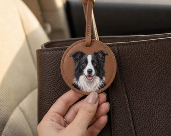 Custom Hand Painted Pet Portrait Leather Bag Charm, Personalized Purse Charm, Pet Memorial Gift, Dog & Cat Leather Keychain for Pet Lover