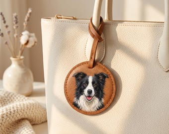 Custom Hand Painted Pet Portrait Leather Bag Charm, Personalized Purse Charm, Pet Memorial Gift, Leather Keychain, Mother's Day Gift
