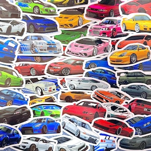 May include: A collection of colorful car stickers featuring various sports cars in different colors and designs. The stickers showcase a variety of car models, including coupes and sedans, with detailed illustrations and vibrant hues.