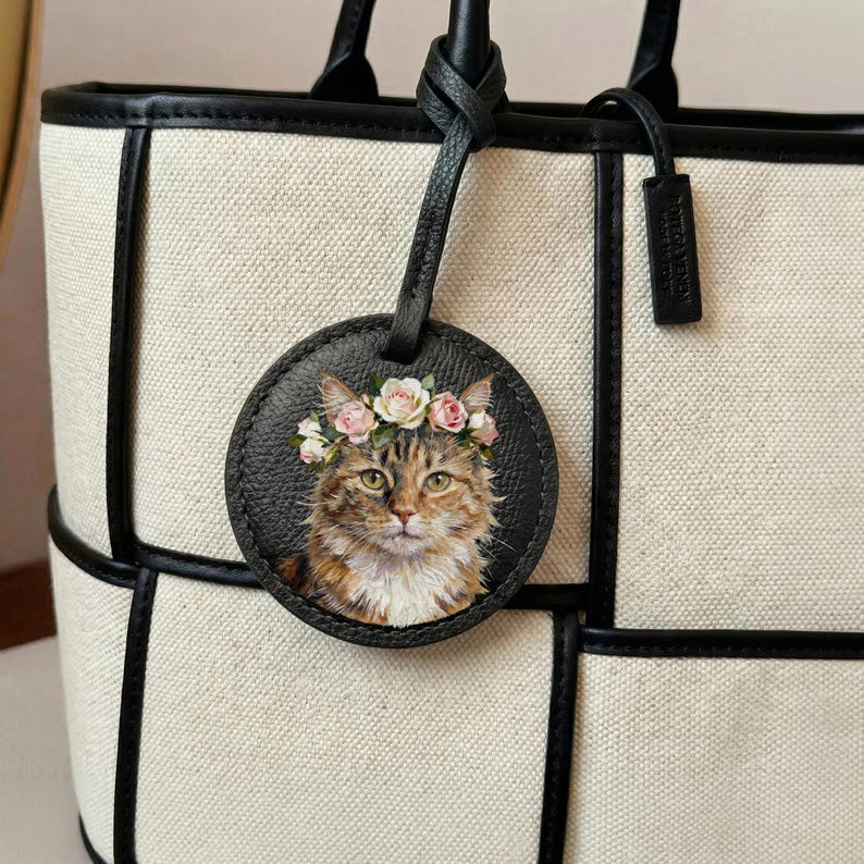 Custom Hand Painted Pet Portrait Leather Bag Charm, Personalized Dog Cat Purse Charm, Pet Memorial Gift, Pet Keychain Gift for Pet Lover image 3