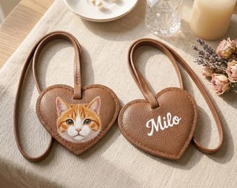 Custom Hand-Painted Pet Portrait Heart Bag Charm, Leather Keychain, Leather Purse Charm, Cat Memorial Gift, Dog Memorial Gift for Dog Mom