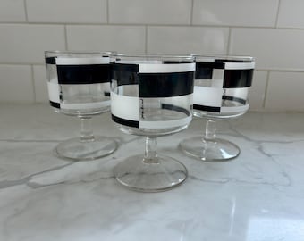 vintage Georges Briard 3 rares verres à cocktail à vin en noir et blanc color block signés