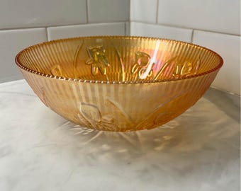 Vintage Marigold Carnival Glass Bowl – Iridescent Floral Embossed Serving Dish