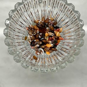 Könnte beinhalten: Ein klarer Glasaschenbecher mit gewelltem Rand, gefüllt mit einer Sammlung kleiner, farbenfroher Muscheln. Die Muscheln variieren in der Farbe, darunter Weiß, Braun, Orange und Schwarz. Der Aschenbecher hat ein geripptes Design im Inneren.