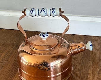 Vintage Copper Whistling Kettle • Delft Porcelain Accents, 2-Quart Capacity
