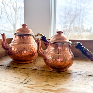 Vintage Hammered Copper Turkish Tea Pots, Carved Wood Handles, Boho Kitchen Decor