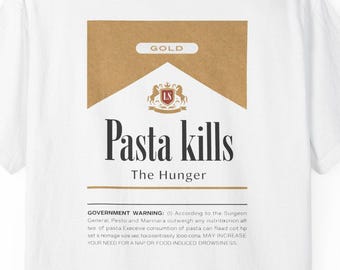 Pasta Kills graphic T-shirt | Retro Food Label back print