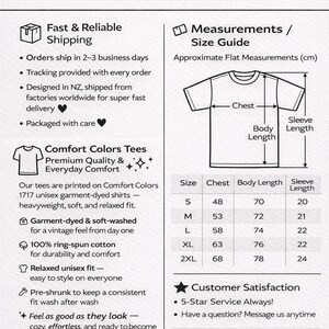 May include: Informational graphic for Backyard & Beyond NZ, with a size guide showing chest, body length, and sleeve length measurements in centimetres for Comfort Colors tees. Details on shipping, fabric, and care are included.