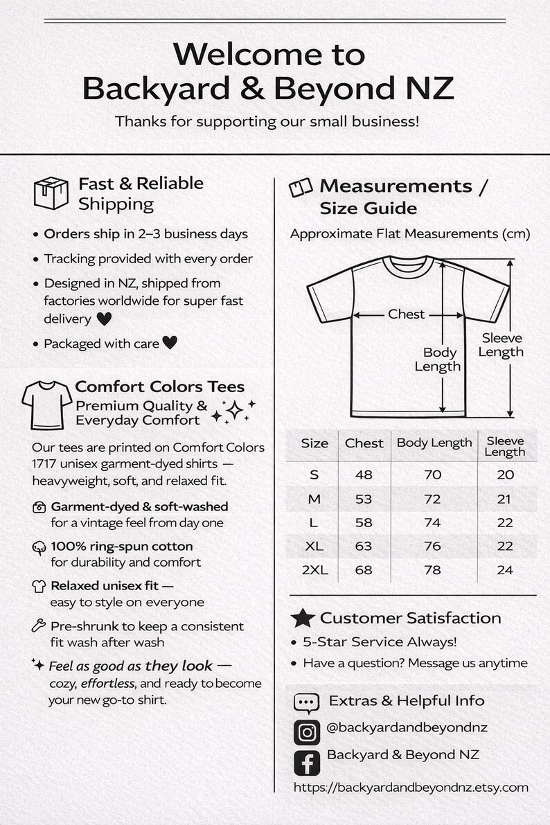 May include: Informational graphic for Backyard & Beyond NZ, with a size guide showing chest, body length, and sleeve length measurements in centimetres for Comfort Colors tees. Details on shipping, fabric, and care are included.