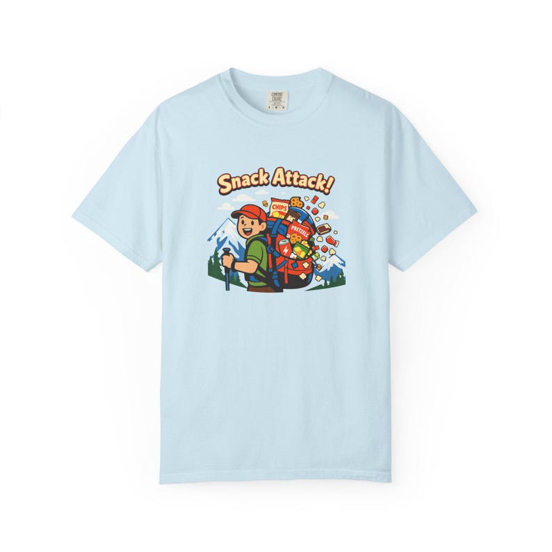 Snack Attack ryggsäcks-T-shirt för vandring | camping-t-shirt med grafik och snacks bild 7