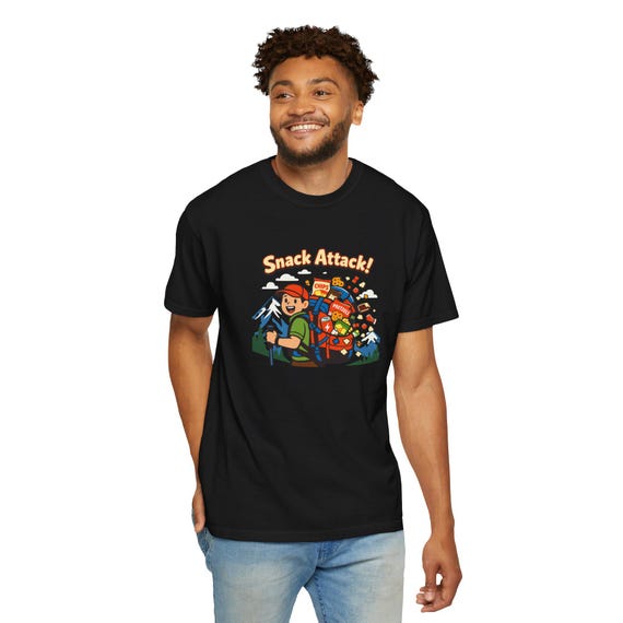 Snack Attack backpack hiker T-Shirt | camping snack graphic tee