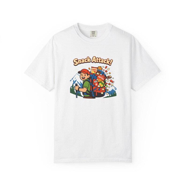 Snack Attack ryggsäcks-T-shirt för vandring | camping-t-shirt med grafik och snacks bild 2