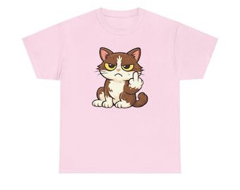May include: Pale pink t-shirt with a cartoon cat illustration. The cat is brown and white, with a grumpy face and raised middle finger. The t-shirt is made of a soft material.