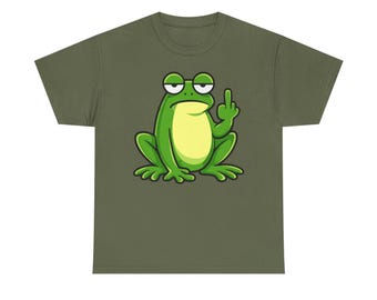 May include: An olive green t-shirt with a cartoon frog illustration. The frog is green with a yellow belly and is giving the middle finger. The shirt is a solid colour and the frog has a grumpy expression.