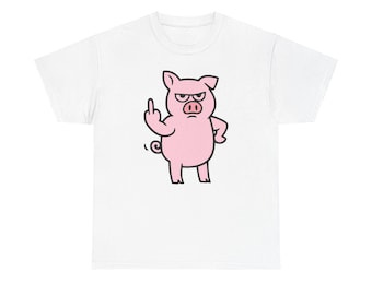May include: White t-shirt with a cartoon pig illustration. The pink pig is giving the middle finger and has an angry expression. The t-shirt has a crew neck design.