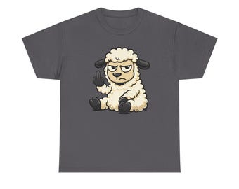 May include: Dark grey t-shirt with a cartoon sheep illustration. The sheep is white with black ears and feet, giving the middle finger. The t-shirt has short sleeves and a crew neck. The sheep has an angry expression.