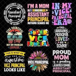 Puede incluir: Una colección de nueve diseños gráficos con texto relacionado con los subdirectores y los vice directores. Los diseños presentan frases como "Soy una mamá y una subdirectora" y "Super Vice Director". La paleta de colores incluye rosa, azul, amarillo y negro.