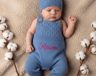 Embroidered  Name Neutral Baby Romper, Boho Basketweave Knit Overalls with Hat, Heirloom Baby Shower Gift, Modern Vintage Jumpsuit