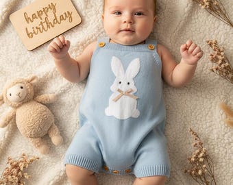 Personalized Easter Bunny Baby Romper, Front Name Embroidered Knit Bodysuit, Dusty Pink Minimalist Spring Newborn Photo Prop Girl