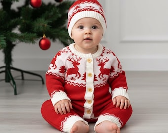 Mono de invierno personalizado con diseño de reno para bebé, mono bordado de estilo clásico y gorro, conjunto de punto rojo nórdico para fiestas navideñas.