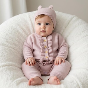 May include: A baby wearing a matching pink knit outfit, including a hat with bear ears, a cardigan with ruffle trim, and pants. The cardigan has wooden buttons. The baby is sitting on a white, fluffy surface.