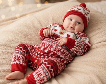 Completo personalizzato per il primo Natale del tuo bambino / Tutina in maglia con renne nordiche / Body invernale per neonati con foto, lavabile e ricamato, un vero cimelio.