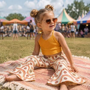 Puede incluir: Un top corto tipo halter acanalado de color amarillo mostaza combinado con pantalones de campana color crema con un patrón repetitivo de flores naranjas y marrones y líneas onduladas. El conjunto se lleva con gafas de sol en forma de corazón.