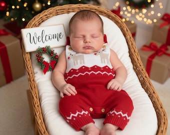 Personalized Reindeer Knit Baby Romper with Embroidered Name on Back| Nordic Minimalism Sweater| Boho Woodland Photo Prop Christmas Jumpsuit