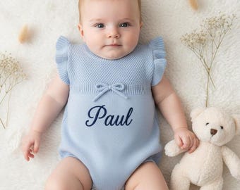 Mono de bebé con lazo personalizado, nombre bordado a medida, pelele de punto elegante estilo hada del bosque, ropa de niña para fotos.