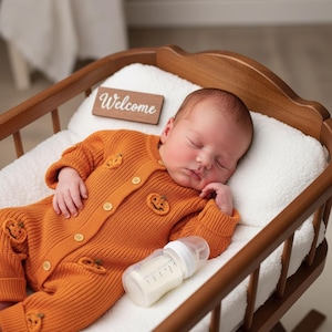 May include: A sleeping infant in an orange pumpkin-themed knitted romper lies in a wooden cradle. A baby bottle is next to the baby. A wooden sign with the word "Welcome" is placed above the baby.