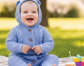 Custom Baby Bear Ear Romper, Personalized Knitted Coverall with Back Name, Boho Woodland Newborn Photo Prop, Gender Neutral Infant Gift