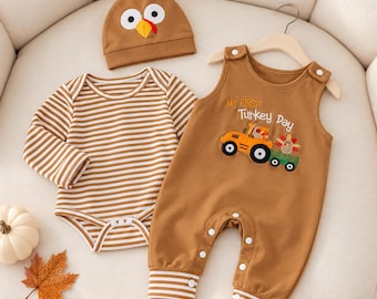 Personalized Turkey and Tractor Overalls with Matching Bodysuit, Baby Boy's First Thanksgiving Outfit for Fall Photos 95/5 Cotton Spandex