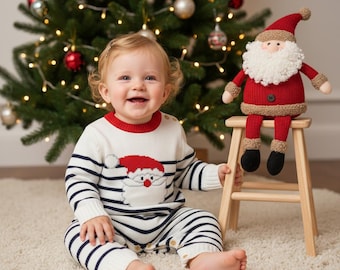 Pelele navideño personalizado para bebé con nombre bordado en la espalda, mono de punto de Papá Noel personalizado para niños y niñas, conjunto moderno estilo boho para fotos navideñas.
