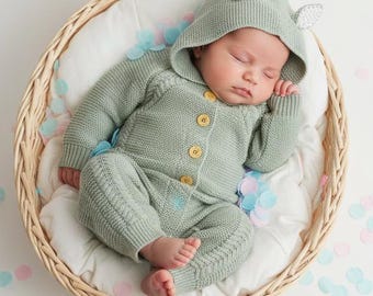 Conjunto personalizado para la salida del hospital con nombre en la espalda, pelele de punto para bebé con orejas de oso / Regalo personalizado para baby shower de recién nacido, mono bordado de estilo bohemio.