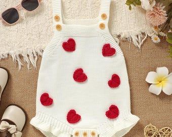 Personalized Knit Romper with Back Name, Boho Red Heart Baby Girl Sunsuit, Custom Heirloom Chunky Knit Bodysuit, Baby Shower Gift Neutral