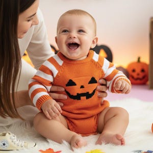 May include: A smiling baby wearing an orange and white striped Halloween-themed knit outfit with a jack-o'-lantern face. The outfit has long sleeves and is being held by a person. A pair of shoes and pumpkins are in the background.