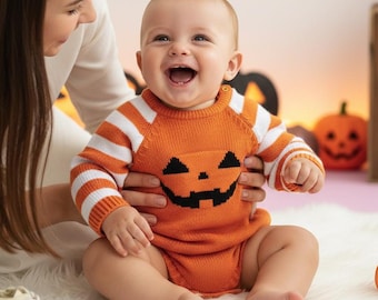 Pelele de punto con nombre personalizado en la espalda, suéter con bordado de calabaza en la parte delantera, conjunto bohemio para el primer Halloween del bebé, body moderno vintage para fotos de otoño.