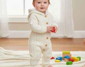 Neutral Boho Knit Baby Jumpsuit , Sherpa Lined Hooded Romper, Chunky Sweater Winter Outfit, Woodland Christmas Baby Gift