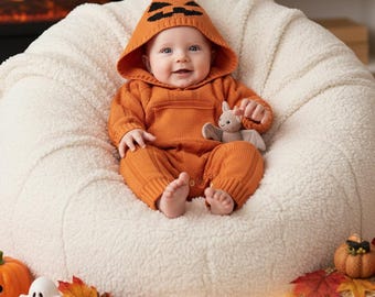 May include: A baby wearing an orange pumpkin-themed knit outfit with a hood and a green pom-pom. The outfit includes a matching jumpsuit. The baby is sitting on a white beanbag chair and holding a small stuffed animal.