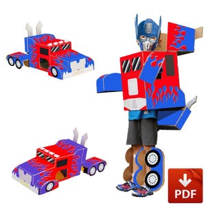 Peut inclure: Un enfant porte un costume d'Optimus Prime en carton, avec un casque et des panneaux de carrosserie assortis. Deux modèles de camions en carton sont également présentés. Le costume est rouge et bleu avec des détails de flammes. Icône de téléchargement PDF.