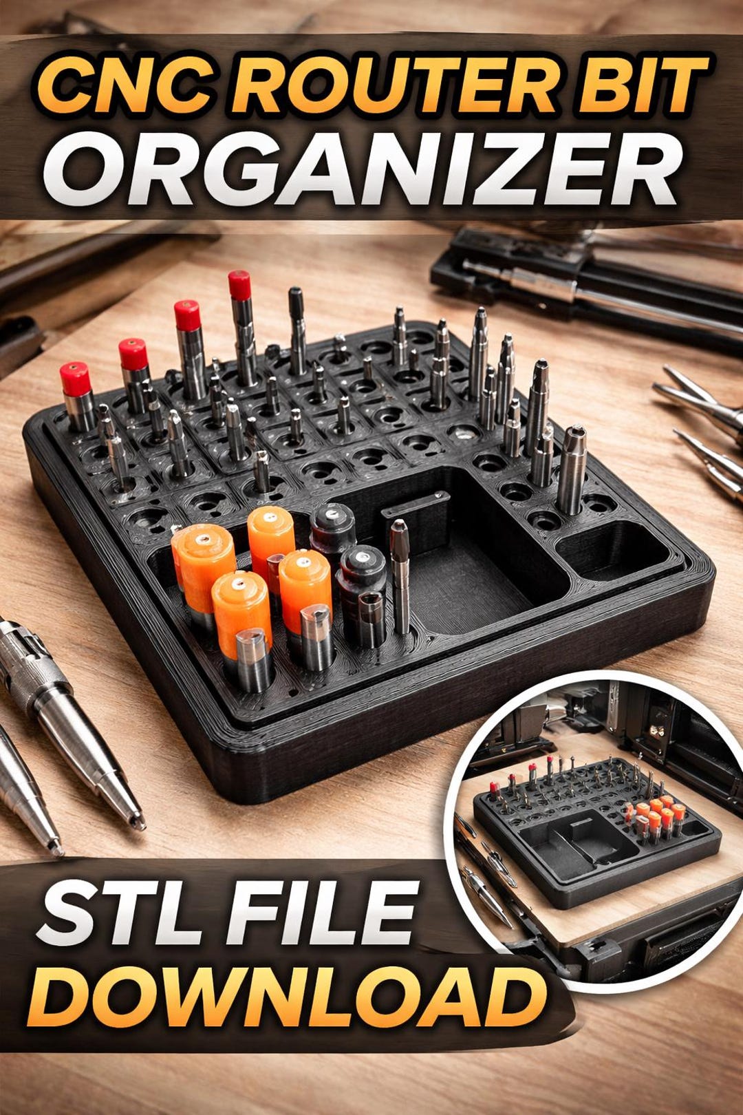 CNC Router Bit Tray STL - End Mill Storage & Tool Organizer for 1/4 and ...