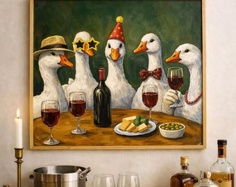 Silly Goose Wine Art Print, Funny Animal Art Kitchen Decor
