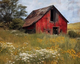 Rustic Red Barn Landscape Wall Art, Farmhouse Country Wall Decor