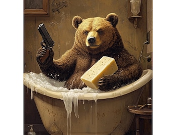 Humorous Bear Wall Art Print, Surreal Animal Bathroom Art
