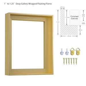 May include: A gold-colored deep gallery-wrapped floating frame, with dimensions and hardware. The frame is designed to hold a canvas, with a 1-inch to 1.25-inch depth. Includes hanging hardware and screws.