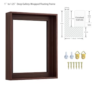 May include: A deep gallery-wrapped floating frame in a dark brown finish. The frame is 1 to 1.25 inches deep. The image also shows a diagram with measurements in inches, along with hanging hardware including screws and hooks.
